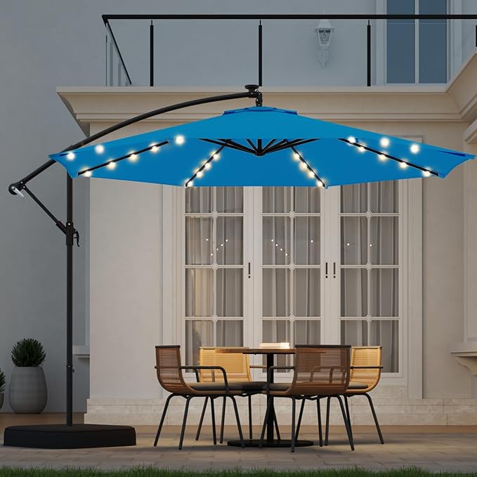 10FT 40-LED Solar Lighted Patio Umbrella with Base Included, Outdoor Offset Cantilever Umbrella, Infinite Tilt, UV Protection for Backyard, Lawn, Garden & Pool