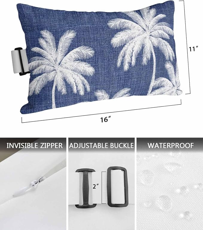 Pack of 2 Outdoor Lumbar Pillow Covers 11x16 Inch, Indigo Blue Palm Trees Waterproof Throw Pillow Covers Set, Farmhouse Tropical Summer Beach Decorative Cushion Cases for Patio Porch Car