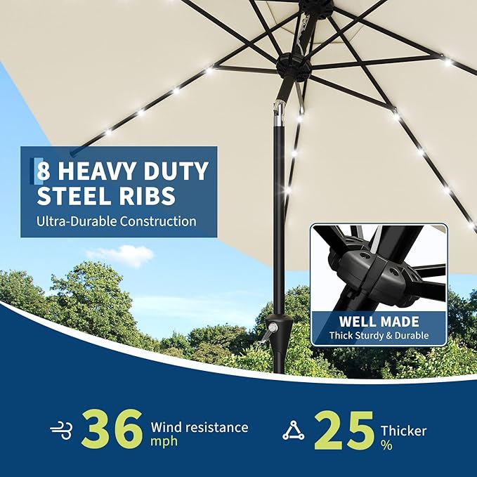 Garvee 9/10 FT Solar Patio Umbrella with 32 LED Lights - Outdoor Table Umbrella with Crank Lift, Push Button Tilt and 8 Sturdy Ribs - Market Umbrella UV Protection for Pool, Deck, Yard, Garden
