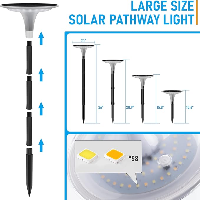 JOFIOS Solar Pathway Lights 4 Pack, 3 Color Modes, 200LM 58 LEDs Bright Landscape Lighting, 2000mAh Battery 10H+ Runtime, IP65 Waterproof Modern Walkway Lights for Garden Yard Driveway