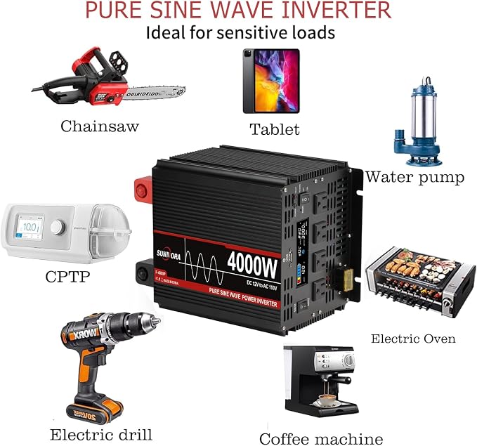 4000 Watt Pure Sine Wave Power Inverter, 12V DC to 110V/120V AC Converter 8000W Peak, with Remote Control LCD, 4 AC Outlets & USB Port & Hardwire Terminal, for Car Truck RV Camping Solar System EPS
