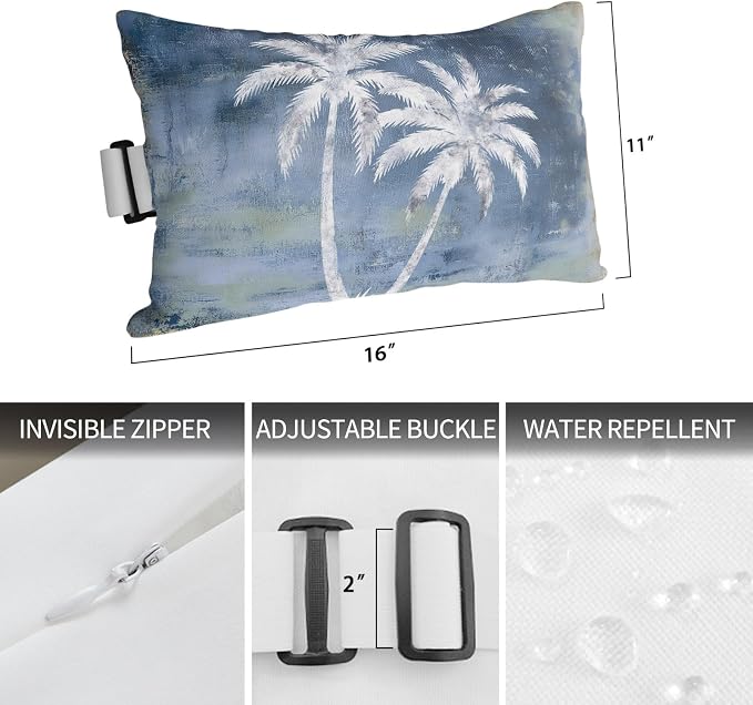 Palm Trees Tropical Outdoor Pillows for Chaise Lounge Chair Waterproof Lumbar Pillows with Insert&Adjustable Strap Beach Headrest Pillow Shabby Brown Blue Summer Coastal Recliner Pool Pillow 11"x16"