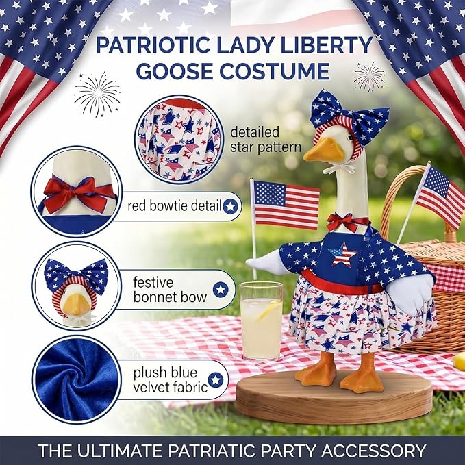 STONESTAR Patriotic 4th of July Porch Goose Outfits for 23" H Lawn Statue, Summer Goose Clothes Costume for Independence Day & Memorial Day Outdoor Garden Yard Patio Anniversary Decoration
