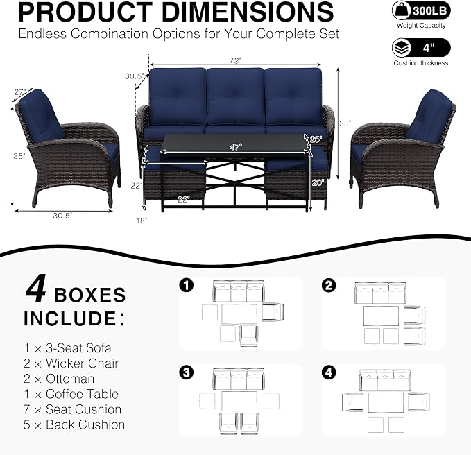 Joyside Wicker Patio Furniture Set, 6 Piece Outdoor Furniture Set with Thickened Cushions, High Back, Deep Seating, Wide Armrest, Rattan Outdoor Chairs for Porch, Deck