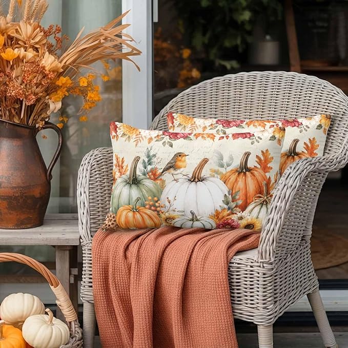 Orange White Pumpkins Fall Lumbar Pillow Covers 20x12 Inch Set of 2, Thanksgiving Waterproof Outdoor Pillow Covers, Sunflower Retro Decorative Cushion Pillowcases for Couch, Sofa, Bed, Garden, Patio