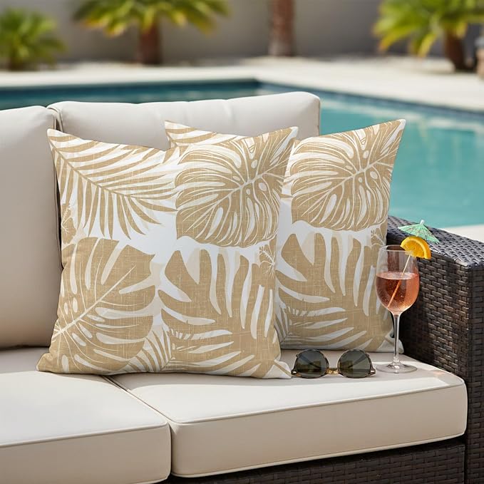 Khaki Palm Leaves Outdoor Pillow Covers 26"x26" Set of 2, Tropical Botanical Minimalist Modern Waterproof Throw Pillow Covers for Patio Furniture, Decorative Cushion Covers for Porch