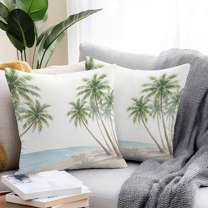 Yukro Coastal Beach Palm Tree Outdoor Waterproof Pillow Covers Pack of 2, Watercolor Coconut Tree Summer Throw Pillowcases Decorative Cushion Covers for Garden Patio Tent Sofa Couch, 20x20 inch