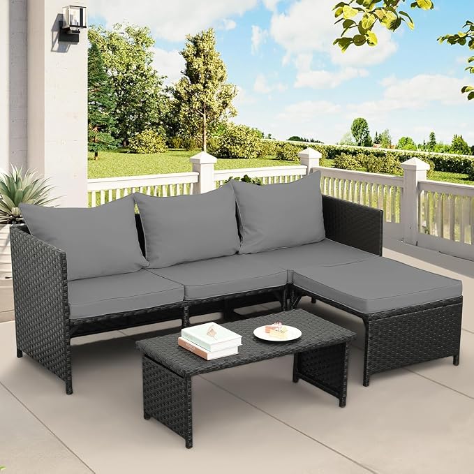 3-Piece Outdoor PE Rattan Furniture Set Patio Black Wicker Conversation Loveseat Sofa Sectional Couch Turquoise Cushion(Gray)