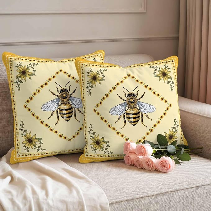 Sunflowers and Bee Outdoor Pillow Covers Set of 2, Farmhouse Retro Floral Decorative Waterproof Throw Pillow Case, Animal Honeybee Cushion Pillowcases for Couch Garden Patio 16x16In