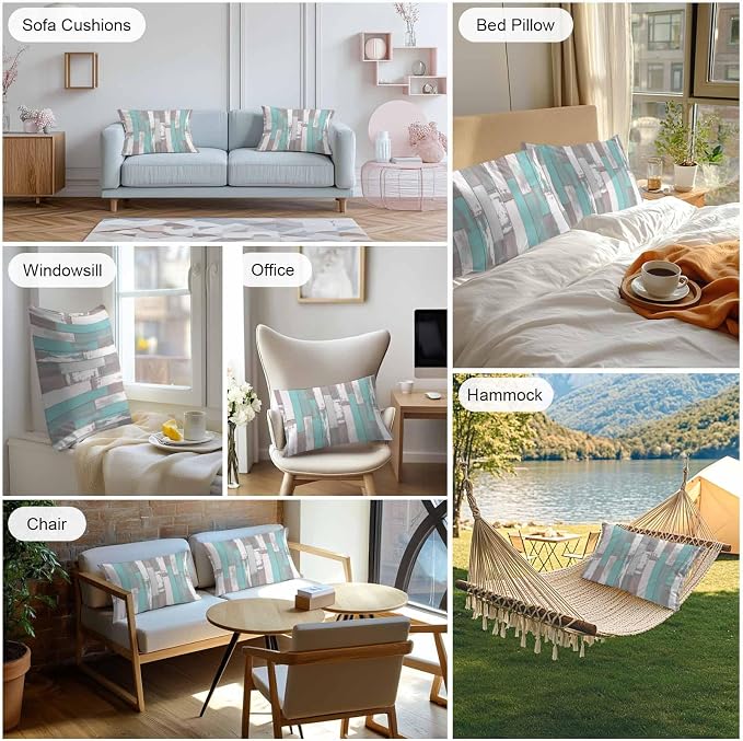 Turquoise Gray Outdoor Pillow Covers 20x12 Inch Lumbar Pillow Covers Set of 2 Waterproof Decorative Throw Pillow Cases Country Retro Mottled Texture Wood Grain Cushion Covers for Patio Furniture