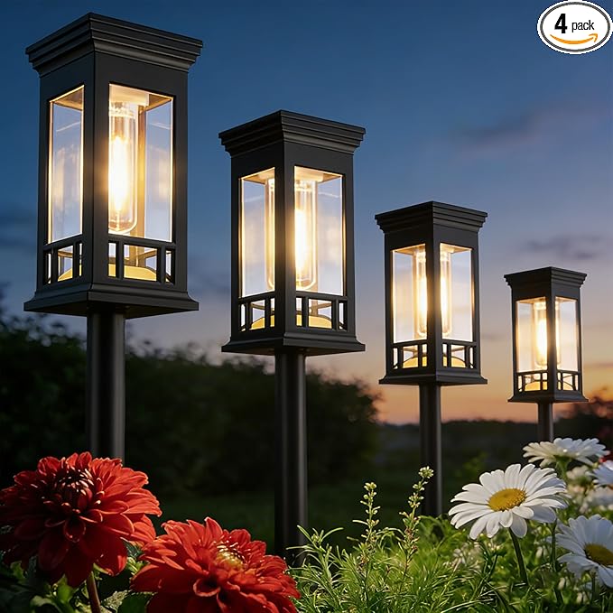 LORRYTE 4 Pack Solar Pathway Lights Outdoor Waterproof, Garden Lights Solar Powered for Outside, Auto On/Off Landscape Lighting for Path Yard Walkway Patio Lawn Driveway Decor, Warm White