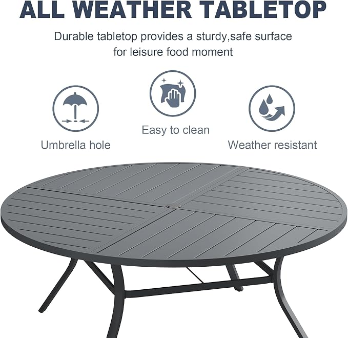 VICLLAX 9 Pieces Patio Outdoor Dining Set, 8 Swivel Textilene Chairs and 60" Round Metal Table with Umbrella Hole for Porch, Deck, Garden, Dark Gery/Grey