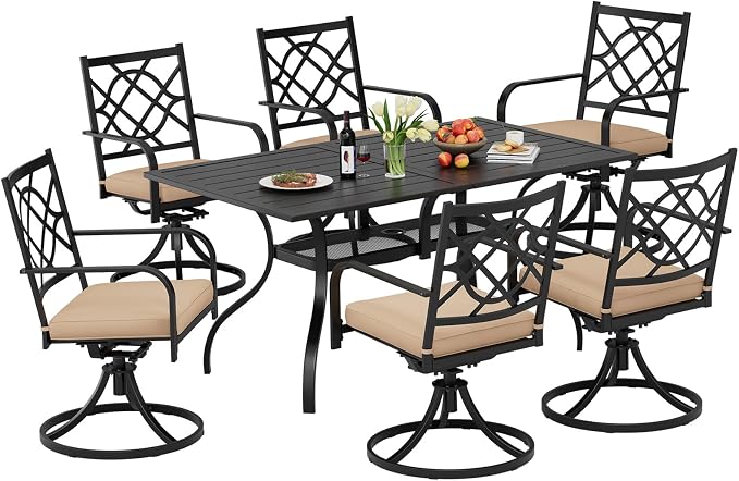 7 Piece Patio Dining Set Outdoor Furniture Set, Rectangular Metal Patio Dining Table with Umbrella Hole & 6 Swivel Dining Chairs for Garden Lawn Yard