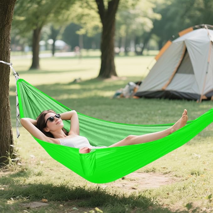 Neon Green Solid Color Camping Hammock, Portable Lightweight Single Hammock with Tree Straps and Aluminum Carabiners, 114" x 54" Travel Hammock for Hiking Backpacking Beach