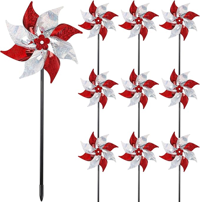 Hausse 10 Pack Reflective Pinwheels (Assembly Required), Sparkly Wind Sculptures for Garden Christmas Holiday Winter Decor, Deterrent to Scare Birds Away from Yard Patio Farm, Red & Silver