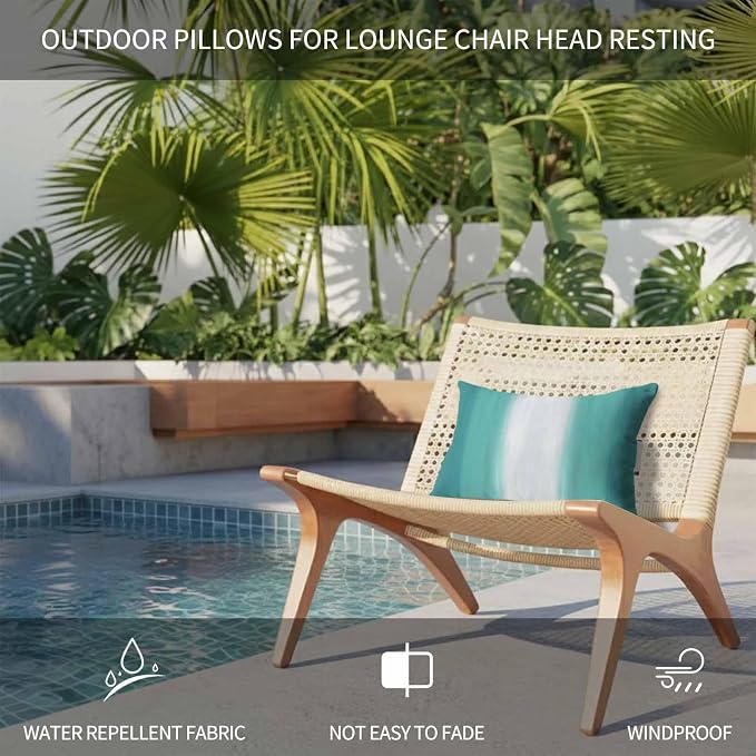 Outdoor Lumbar Pillow Set of 2, Teal Green Striped Waterproof Beach Headrest Pillow with Inserts, Turquoise Ombre Farmhouse Gradient Recliner Throw Pillows for Patio Furniture, 12 x 20