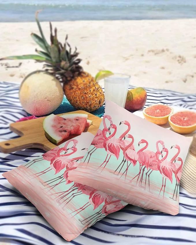 Outdoor Waterproof Throw Pillow Covers Set of 2 Pink Flamingo Pillowcases 26x26 Inches Tropical Animal Ombre Teal Patio Decorative Pillows Cushion Case Patio Pillows for Couch Bed Chair Garden