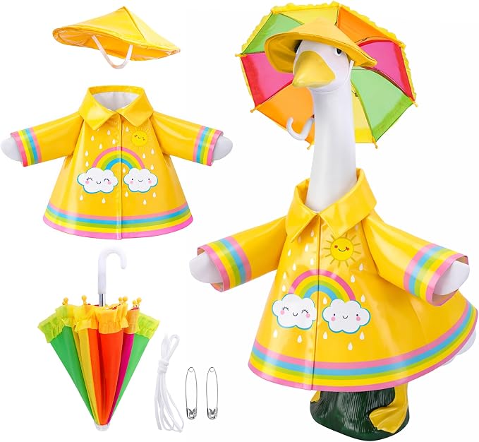 DECOHS 3 Pcs/Set Raincoat Porch Goose Outfits, Summer Lawn Goose Statue Raincoat Costume, Yard Goose Clothes Raincoats Umbrella Hat Outfit for 23" Statue Patio Garden Decoration (Yellow Rainbow)