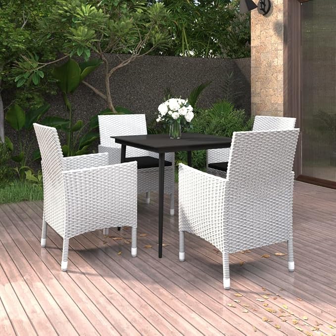 5 Piece Patio Dining Set with Cushions, Poly Rattan and Glass Table, Outdoor Garden Furniture for Backyard Deck, Weather Resistant Seating for 4, Easy Assembly Black White