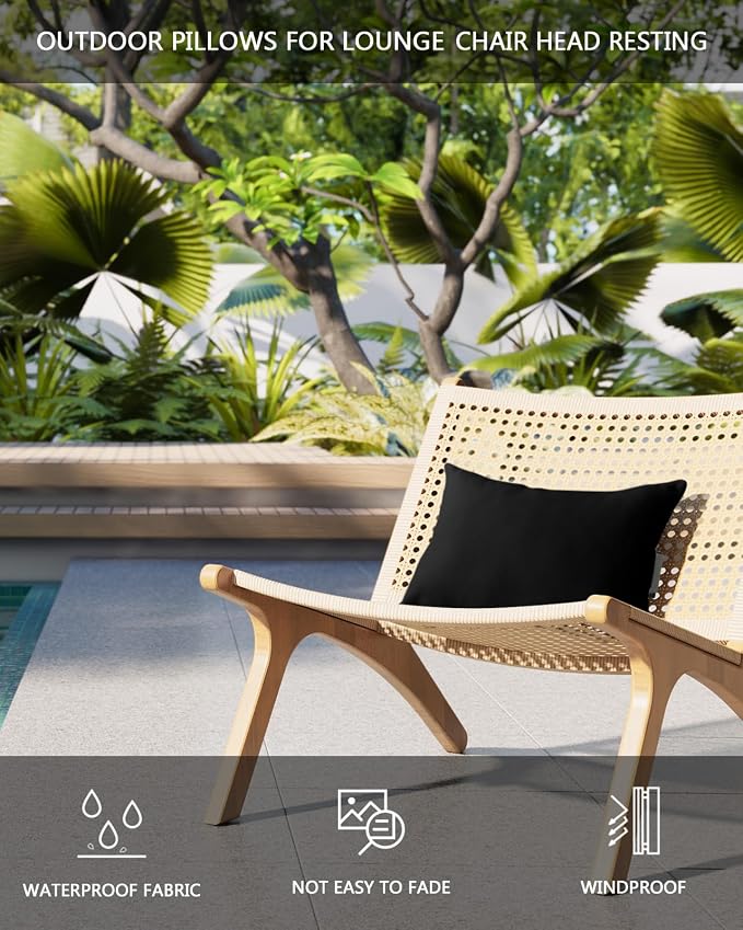 Outdoor Pillows Covers with Inserts Pure Black Solid Color Waterproof Recliner Pillow with Adjustable Strap Throw Pillows for Patio Furniture Pool Lounge Chair, 11x16 inch, 1PCS