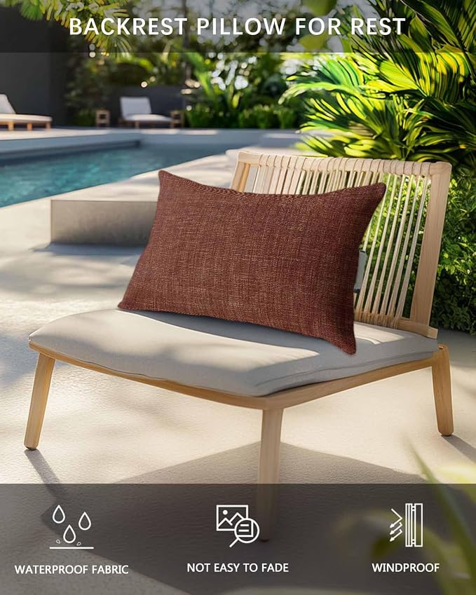 Pack of 4 Outdoor Lumbar Pillow Covers 12x20 Inch, Dark Brown Waterproof Throw Pillow Covers Set, Vintage Country Monochrome Chocolate Color Indoor&Outdoor Cushion Cases for Patio Porch Beach