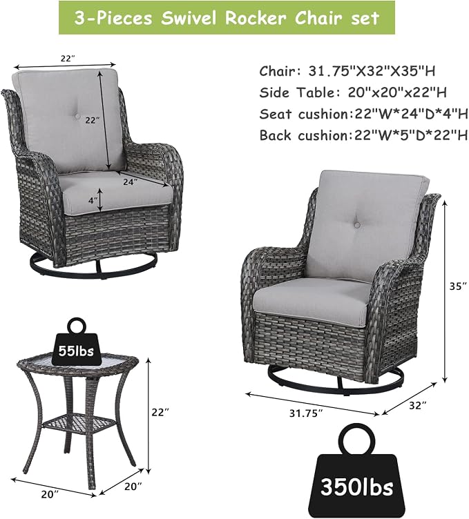 Rilyson Wicker Rocking Chair Swivel Chairs - 3 Piece Rocker Patio Furniture Set Rattan Rocking Bistro Sets with Glass Top Side Table for Outdoor Porch Deck Garden Backyard (Mixed Grey/Grey)