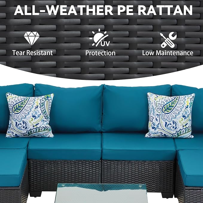 7 Pieces Outdoor Sectional Furniture Set, Wicker Patio Furniture Set with Table, Patio Conversation Sets with Washable Cushions for Garden (Peacock Blue, 106x55x26'')