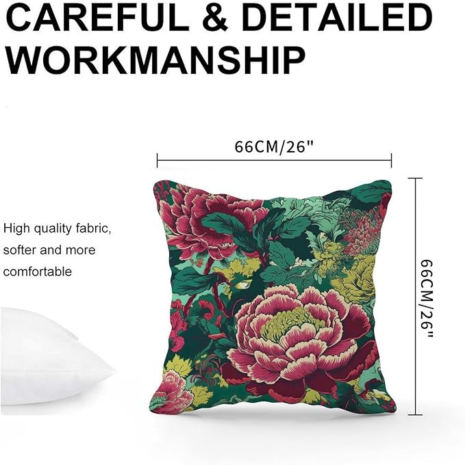 Chinoiserie Red Peony Floral Pillowcase Green and Pink Cushion Cover 26x26 INFarmhouse Accent Throw Pillow Covers Farmhouse Decorative for Couch Tent Park