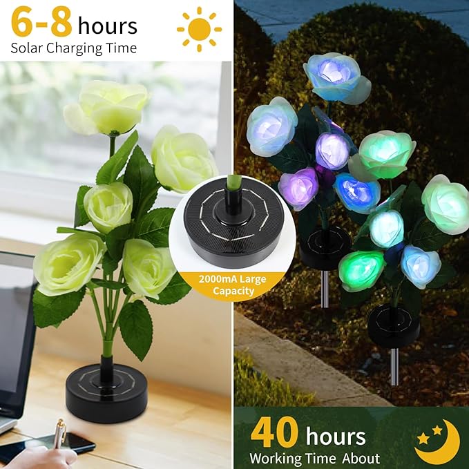 Solar Garden Lights Outdoor - Solar Flowers Lights Outdoor Decorative Waterproof, 40 Hour Coloring Changing White Rose Yard Pathway Light Solar Powered, Cemetery Decoration, Backyard Decor, 4pcs