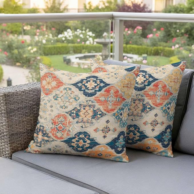 Outdoor Waterproof Pillow Covers for Patio Furniture Morocco Boho Decorative Throw Pillow Cover Vintage Ethnic Bohemian Pillowcases Set of 2 Cushion Case for Sofa Couch Chair Home Decor 18x18 inch