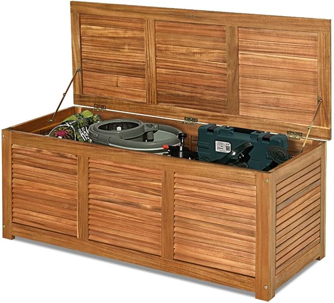Outside Storage Deck Box Waterproof, 47 Gallon Wood Storage Bench Deck, Outdoor Patio Pool Garden Toy Slats Organization Tools with 2-3 Seating