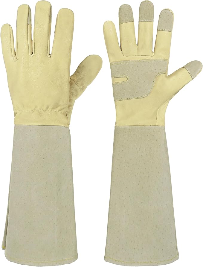 HANDLANDY Rose Pruning Gloves for Men Women, Thorn Proof Gardening Gloves | Long Leather Gardening Gloves, Breathable Leather Gauntlet, Best Garden Gifts & Tools for Gardener (Vanilla, XL)