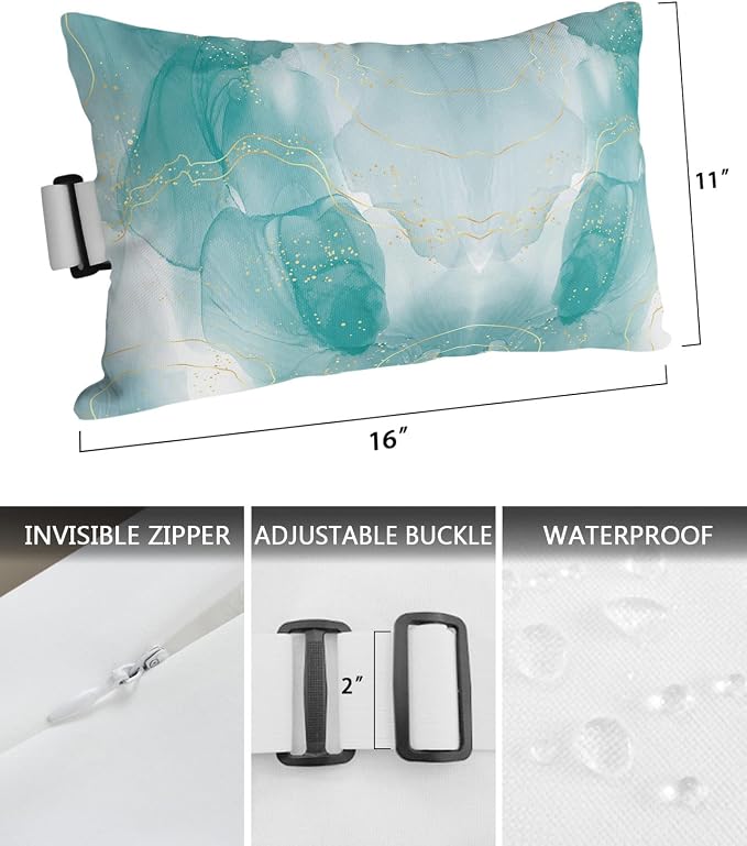 Outdoor Pillows Covers with Inserts Teal Green Marble Yellow Lines Gradient Waterproof Recliner Pillow with Adjustable Strap Throw Pillows for Patio Furniture Pool Lounge Chair, 11x16 inch, 2PCS