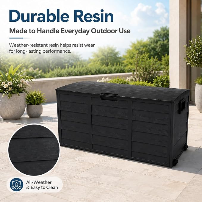 75 Gallon Resin Deck Box, Waterproof Outdoor Storage Box with Wheels, Lockable Lid and Handles, Large Deck Storage for Outdoor Gear, Patio Furniture Cushion, Gardening Tools, Jet Black