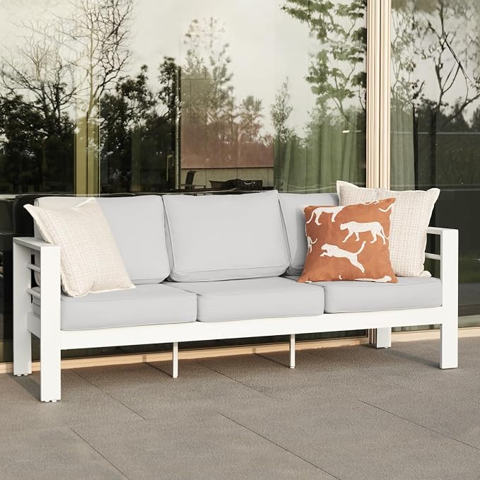 Aluminum Patio Furniture Set, 3-Seat Outdoor Furniture Set with 5 Inch Cushions, Patio Sets with Waterproof Covers for Backyard Garden(White)