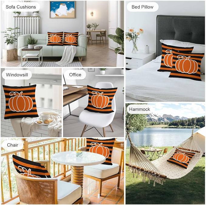Orange Pumpkins Outdoor Waterproof Pillow Covers, Autumn Black Stripes Farmhouse Decorative Square Throw Pillowcase Sofa Cushion Sham for Patio/Couch/Chair, 26"x26" 2 Pack