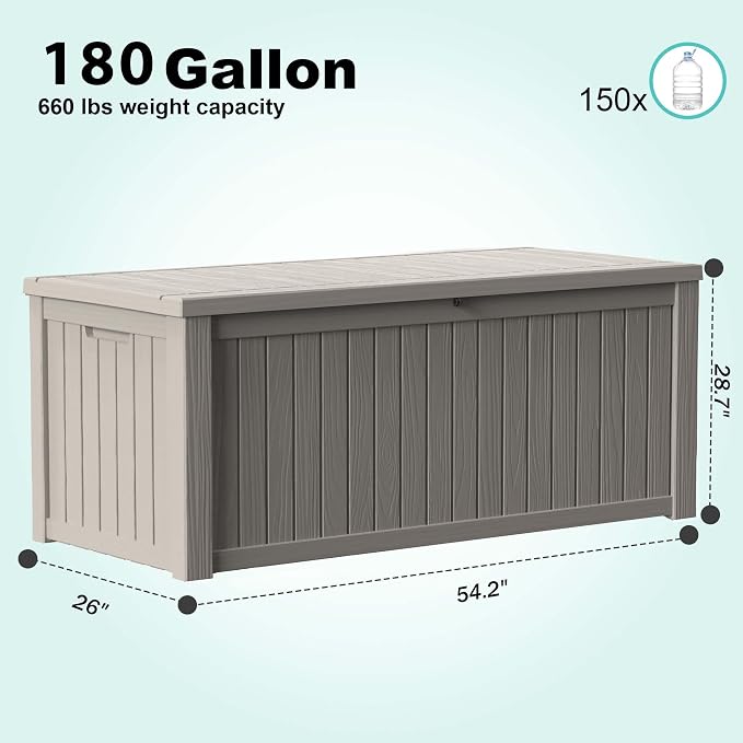 PatioZen 180 Gallon Deck Boxes Outdoor Waterproof, Weatherproof Outdoor Storage Boxes Lockable for Patio Furniture, Pool Supplies,Garden Tools(Grey)
