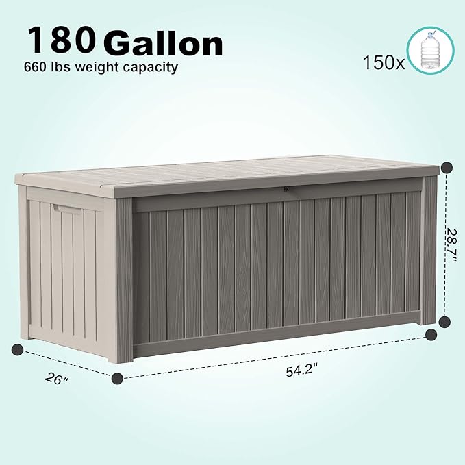180 Gallon Outdoor Storage Box Waterproof - Outside Resin Deck Box, Lockable Storage Bin for Patio Furniture,Garden Tools,Cushions,Pool Accessories(Grey)