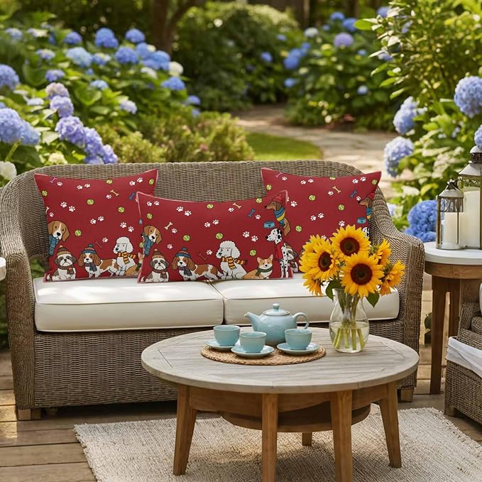 Cartoon Dogs Outdoor Pillow Covers 26x26 Inch Throw Pillow Covers Set of 2 Waterproof Decorative Pillow Cases Red Cute Animals Dogs Paws Prints Cushion Covers for Patio Furniture Garden Couch Sofa