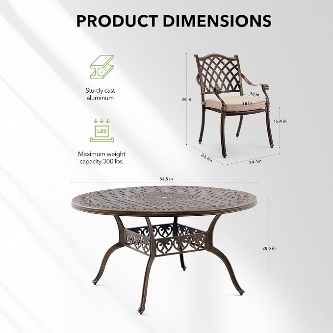5-Piece Cast Aluminum Outdoor Table and Chairs, Classic Vintage Patio Dining Set for 4 Include 54.5" Round Dining Table and 4 Chairs with Removable Cushion and Umbrella Hole