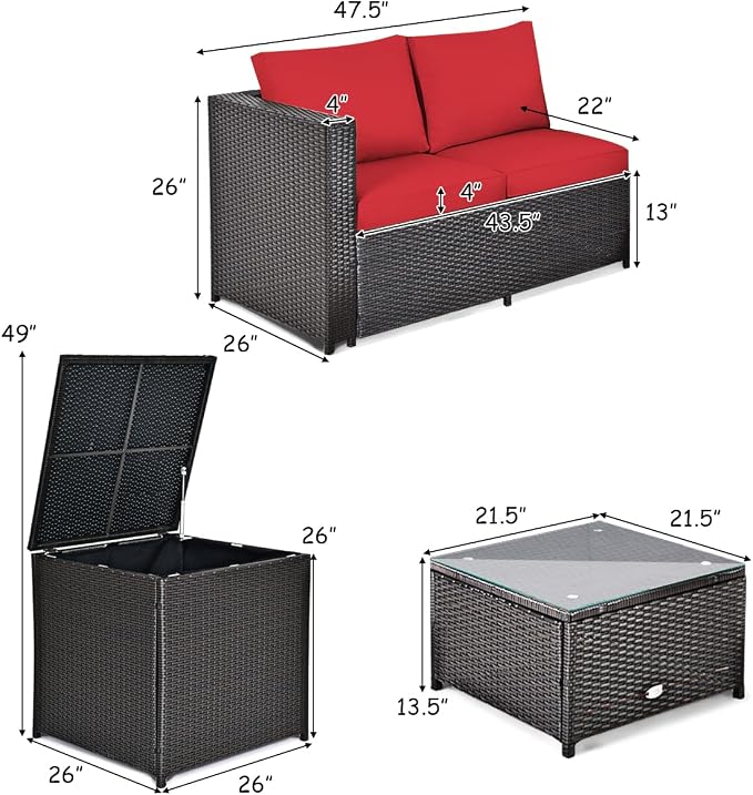 Tangkula 8 Piece Wicker Patio Set with Storage, All Weather-Proof Outdoor Conversation Set, with Loveseat, Glass Top Coffee Table & Storage Box, Suitable for Garden, Poolside, Sunroom (2, Red)