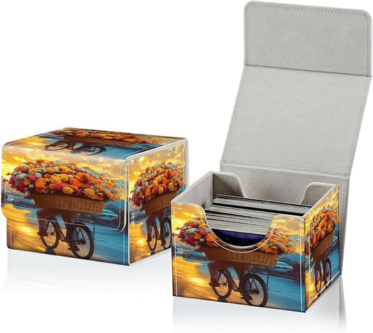 Card Deck Box for MTG, Cards Storage Box Fits 120+ Sleeved, Leather Small Size Strong Magnetic Closing Card Case for Board Games Magic TCG CCG Baseball Collection, Flower Bike