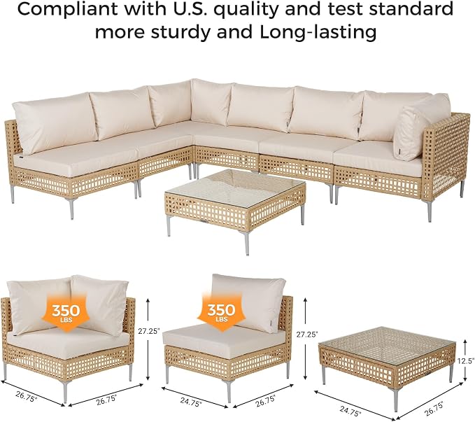 Grand patio 11-Piece Wicker Patio Furniture Set, Boho Outdoor Conversation Set Sectional Sofa with Water Resistant Beige Thick Cushions and Coffee Table, Cream