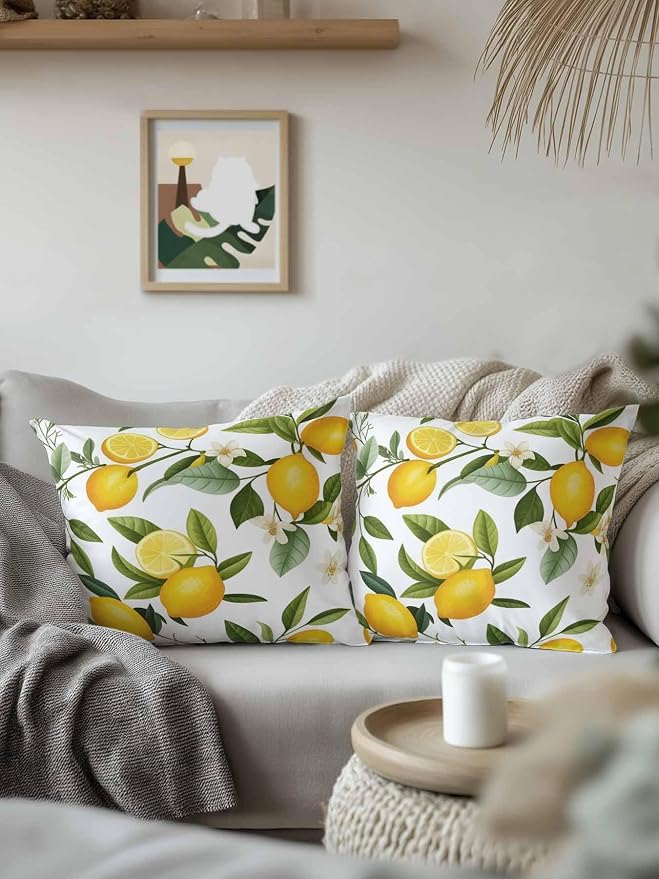 Outdoor Waterproof Throw Pillows Watercolor Lemon Green Leaves Flower Patio Pillows Pack of 2,Decorative Pillow Covers with Insert,Pillow Cushion Case for Garden Couch Sofa Farm Fruit Harvest