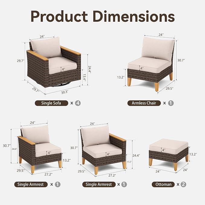 GREEN PARTY 9 Pieces Wicker Patio Furniture Set, All-Weather Outdoor Rattan Patio Sectional Sofa Conversation Set 9 Seats with 4" Thick Cushions for Garden, Backyard, 4 x Swivel Chairs