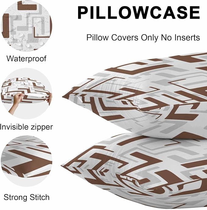 Vandarllin Outdoor Throw Pillows Covers 24x24 inch Set of 2 Waterproof Brown Geometric Stripes Decorative Zippered Cushion Covers for Patio Furniture, Modern Abstract Lines Lumbar Pillowcases