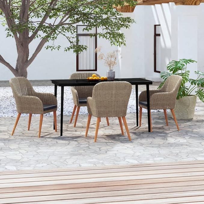 5-Piece Outdoor Dining Set, Brown PE Rattan Patio Furniture Set with 55-Inch Rectangular Table and 4 Cushioned Chairs for Backyard, Garden, and Terrace