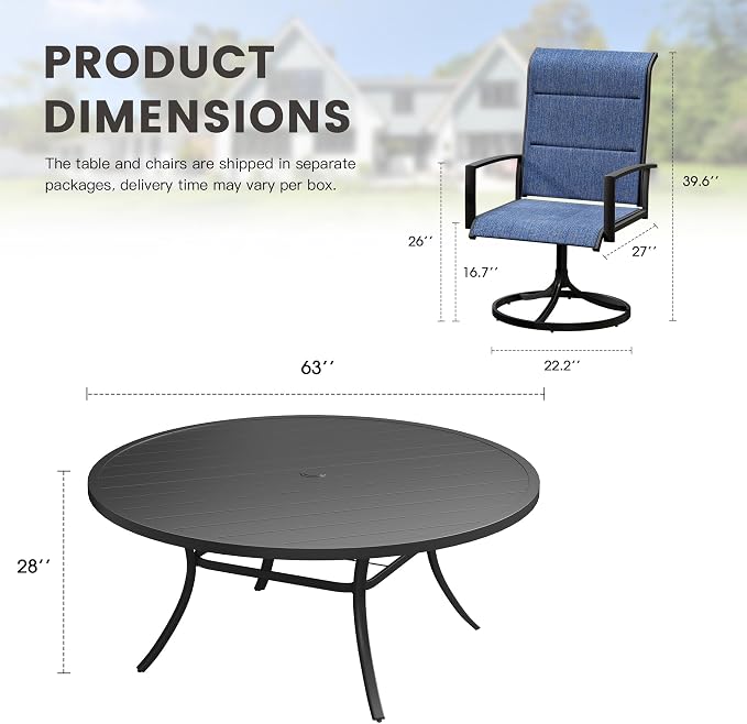 Outdoor Dining Set for 8, 63" Outdoor Dining Table with Umbrella Hole and Padded Textilene Patio Swivel Chairs, 9 Pieces Patio Table and Chairs Set for Garden Backyard, Dark Blue and Black