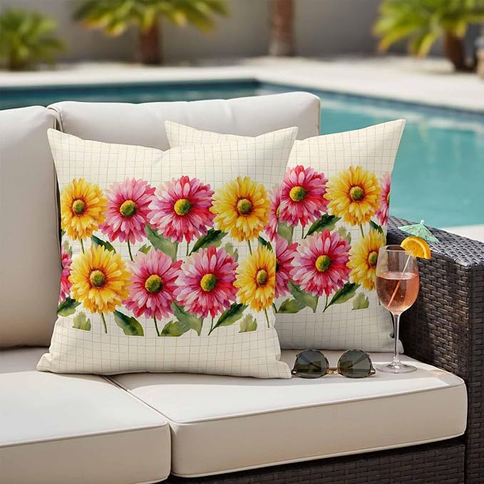Yellow Pink Daisy Outdoor Pillow Covers 24"x24" Set of 2, Rustic Farmhouse Boho Yellow Plaid Waterproof Throw Pillow Covers for Patio Furniture, Decorative Cushion Covers for Porch