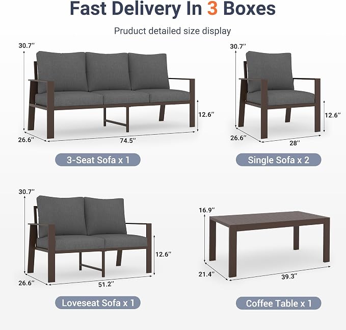 UDPATIO Aluminum Outdoor Patio Furniture Set 7-Seat Metal Patio Conversation Sets with Coffee Table and Water-Resistant Cushions, Modern Patio Sectional Sofa for Porch, Deck, Backyard, Poolside